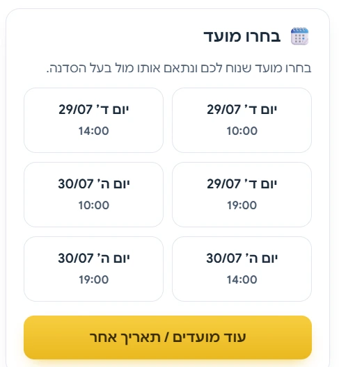 רכיב ״בחרו מועד״ החדש באתר כל סדנה: שש משבצות של תאריך ושעה לבחירה, וכפתור ״עוד מועדים / תאריך אחר״.